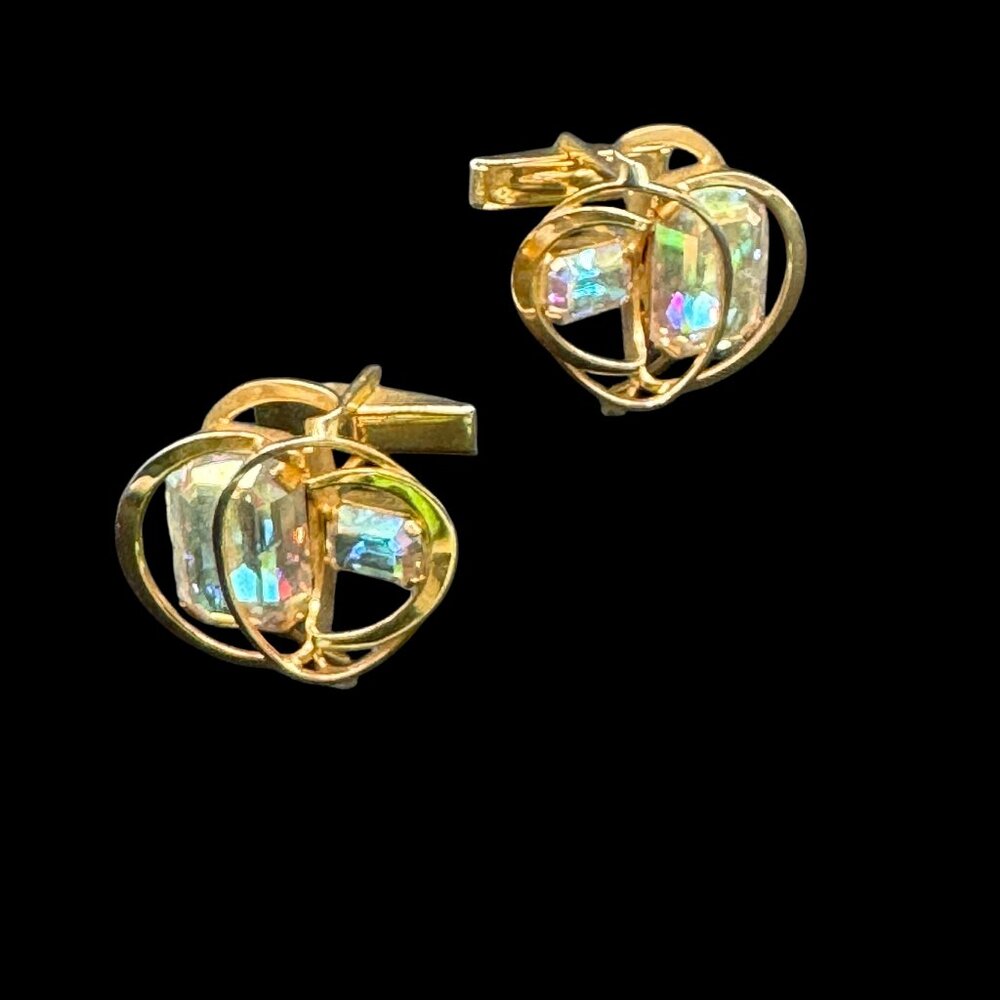 Vintage Gold Tone Cufflinks Large AB Coated Stones